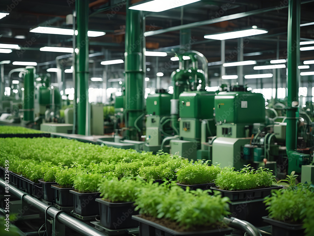 Industry has green gardens and factories. Industry has green gardens and factories.
