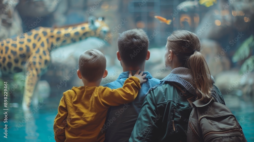 Fototapeta premium Two adults and a child gaze at a giraffe through a glass enclosure in the foreground, while a giraffe lurks in the background at the zoo