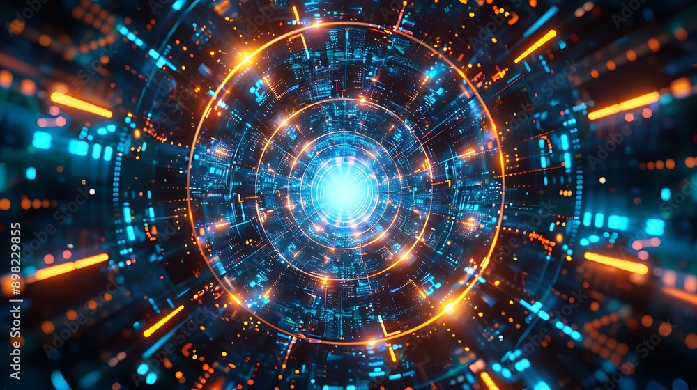 Digital Abstract Tunnel with Glowing Neon Circles and Futuristic Light Patterns Digital Abstract Tunnel with Glowing Neon Circles and Futuristic Light Patterns