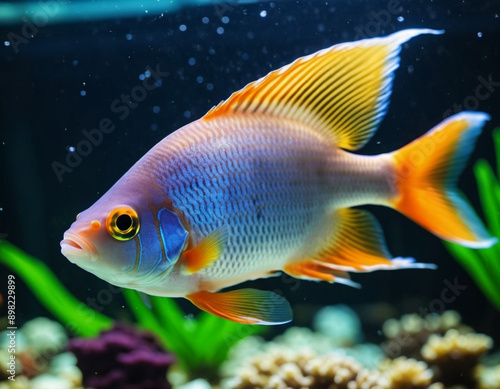 Colorful fish swim gracefully in a well-lit aquarium. The tank is decorated with coral, plants, and gravel, creating a vibrant underwater scene. Undersea world. Aquariums as a hobby. AI generated © Iuliia