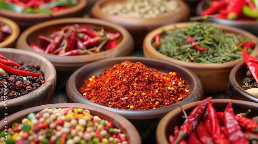 Assortment of spices in wooden bowls, including chili peppers, paprika, and peppercorns. Assortment of spices in wooden bowls, including chili peppers, paprika, and peppercorns.