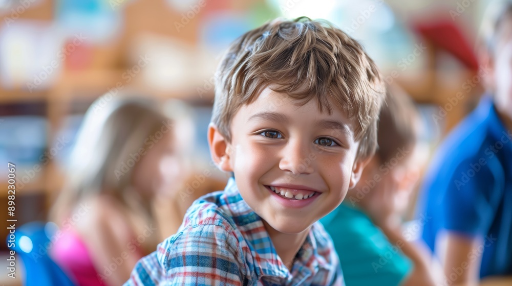 Lovely boy smiling in a classroom Lovely boy smiling in a classroom