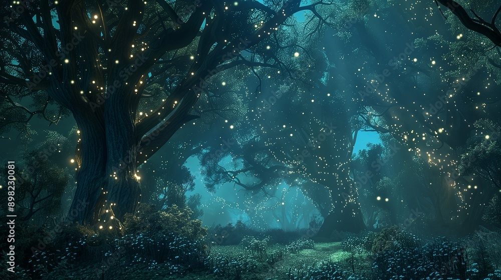 Magical fantasy fairy tale scenery, night in a forest Magical fantasy fairy tale scenery, night in a forest