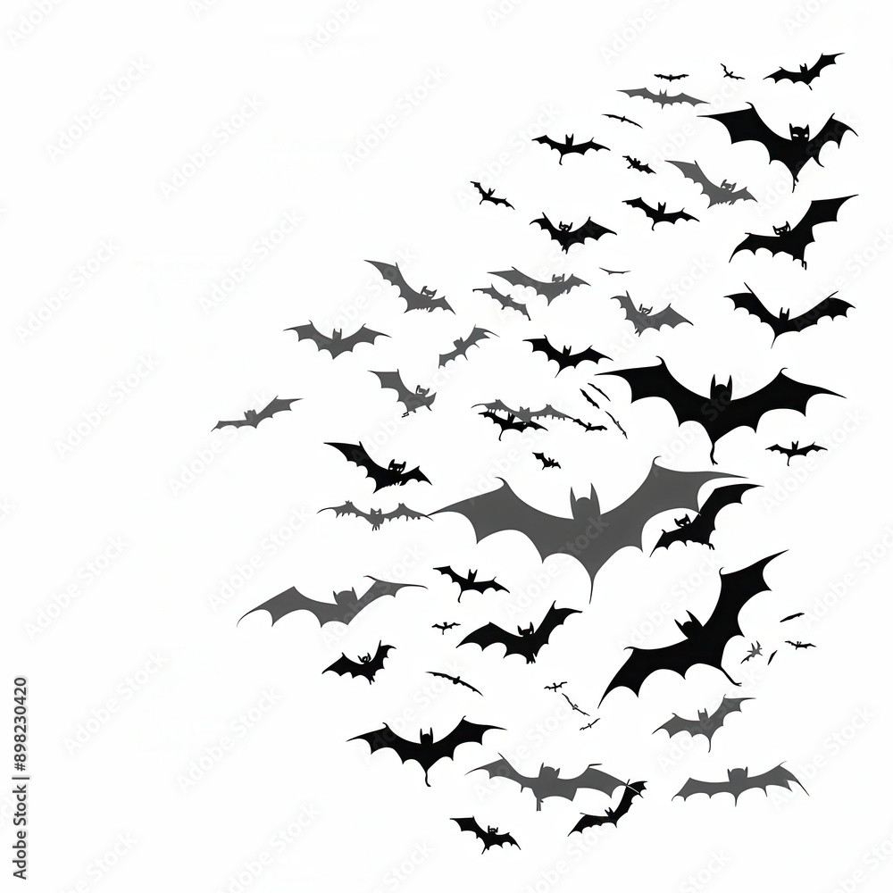Silhouettes of various bats flying in a dynamic formation on a white background. Silhouettes of various bats flying in a dynamic formation on a white background.