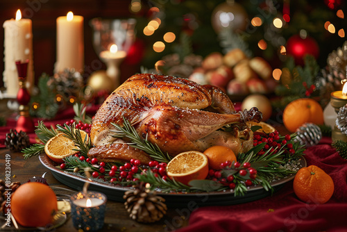 roasted turkey with vegetables and herbs is a traditional dish for thanksgiving or christmas day.