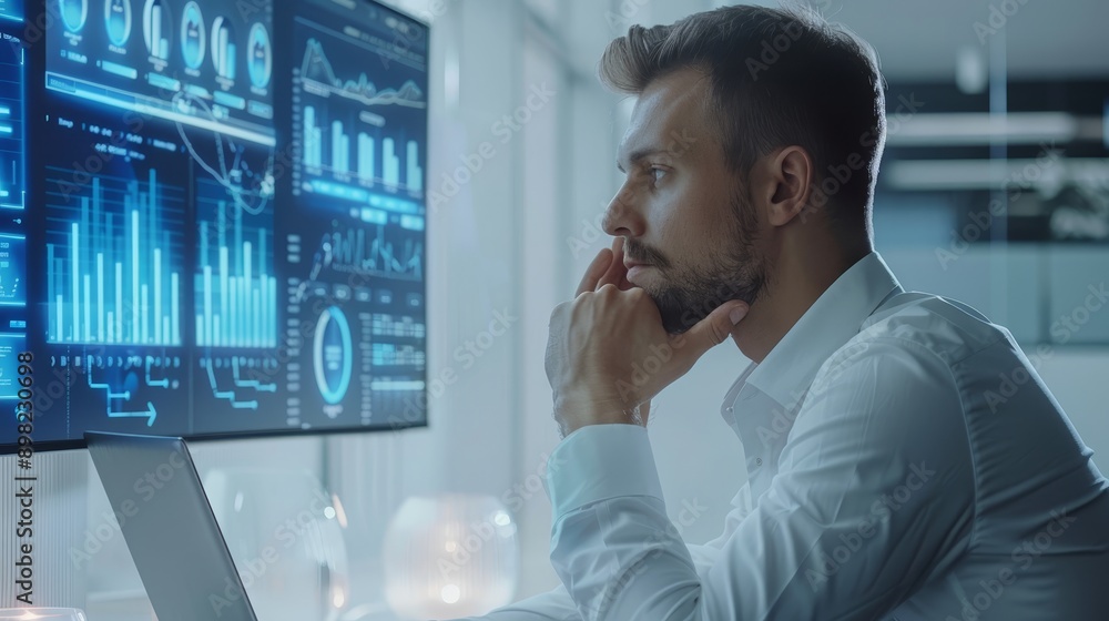 An ultramodern light office with a stylish man using a high-tech computer with transparent display in the near future. An ultramodern light office with a stylish man using a high-tech computer with transparent display in the near future.