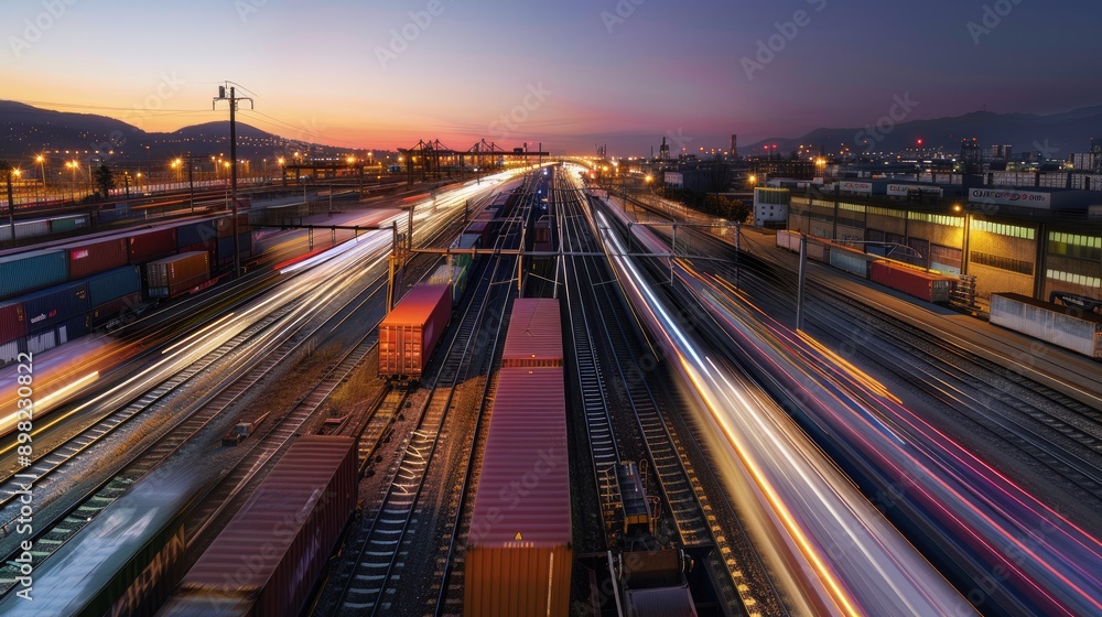 Fototapeta premium A train is traveling down a track with a city in the background