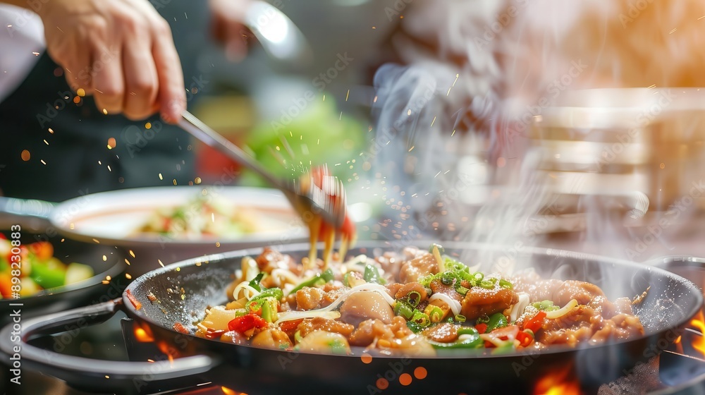Close up of chef cooking stir-fry in a hot pan. Close up of chef cooking stir-fry in a hot pan.