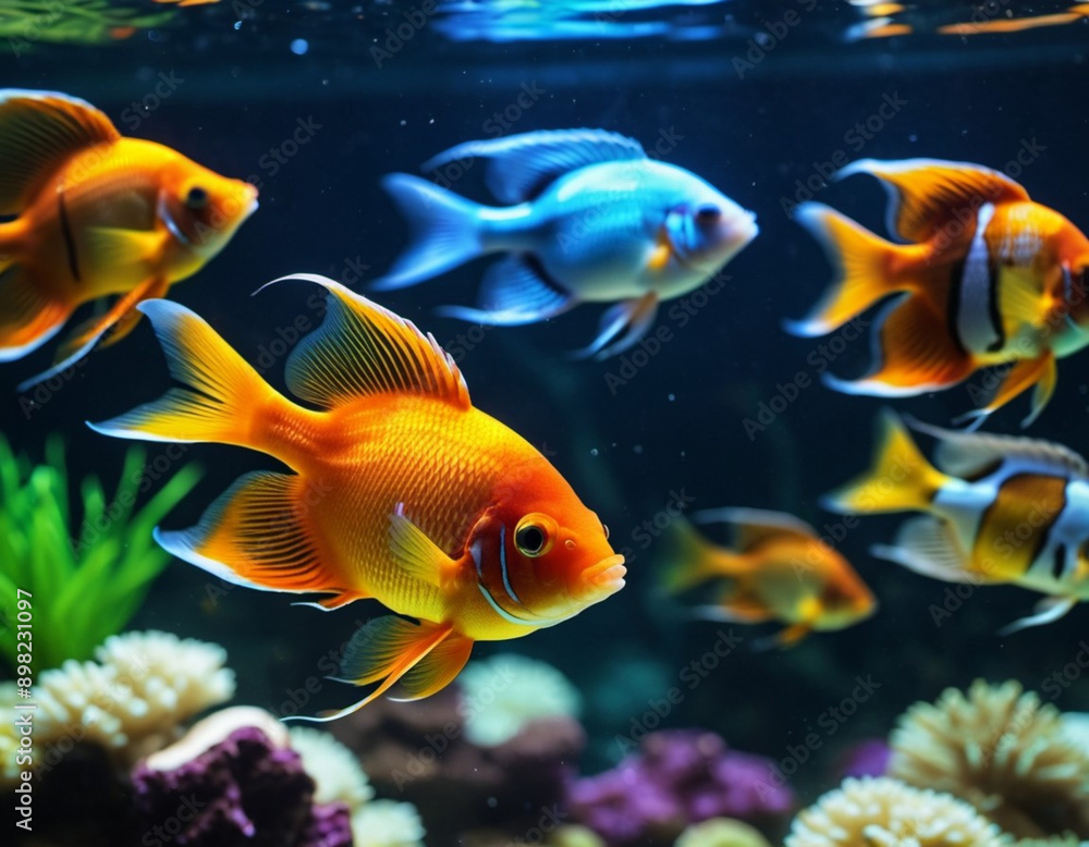 Colorful fish swim gracefully in a well-lit aquarium. The tank is decorated with coral, plants, and gravel, creating a vibrant underwater scene. Undersea world. Aquariums as a hobby. AI generated Colorful fish swim gracefully in a well-lit aquarium. The tank is decorated with coral, plants, and gravel, creating a vibrant underwater scene. Undersea world. Aquariums as a hobby. AI generated