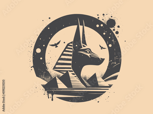 Egyptian god Anubis and the pyramids. Black vector illustration. Abstraction, tattoo sketch, print	