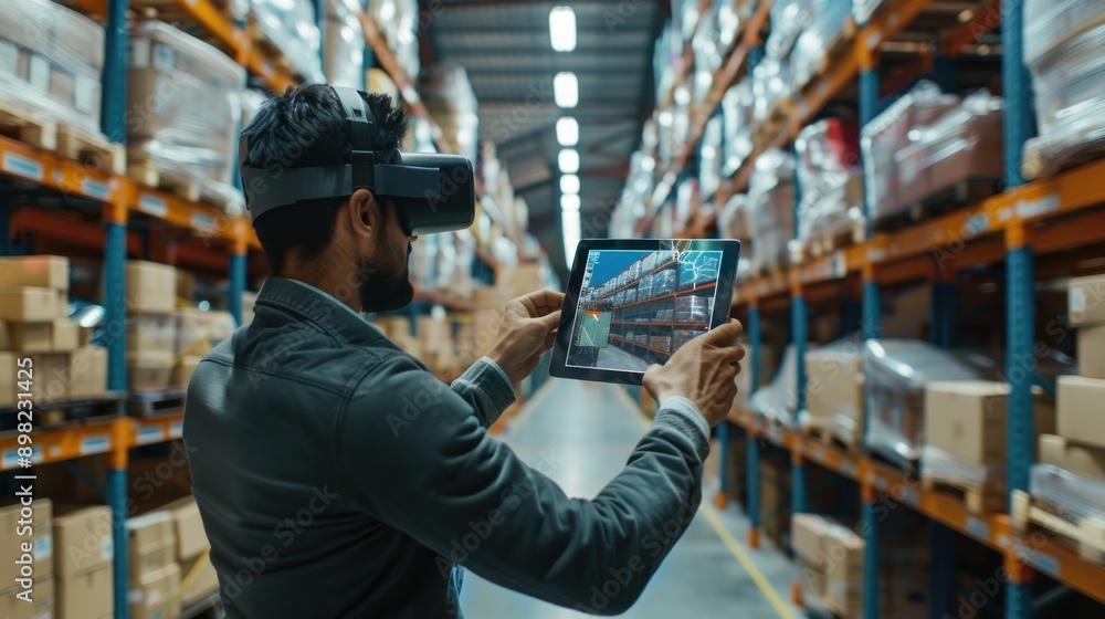 Future Technology Inventory: A male worker creates an inventory using an augmented reality application on a tablet. Man analyzing digital shipping data in distribution center Future Technology Inventory: A male worker creates an inventory using an augmented reality application on a tablet. Man analyzing digital shipping data in distribution center