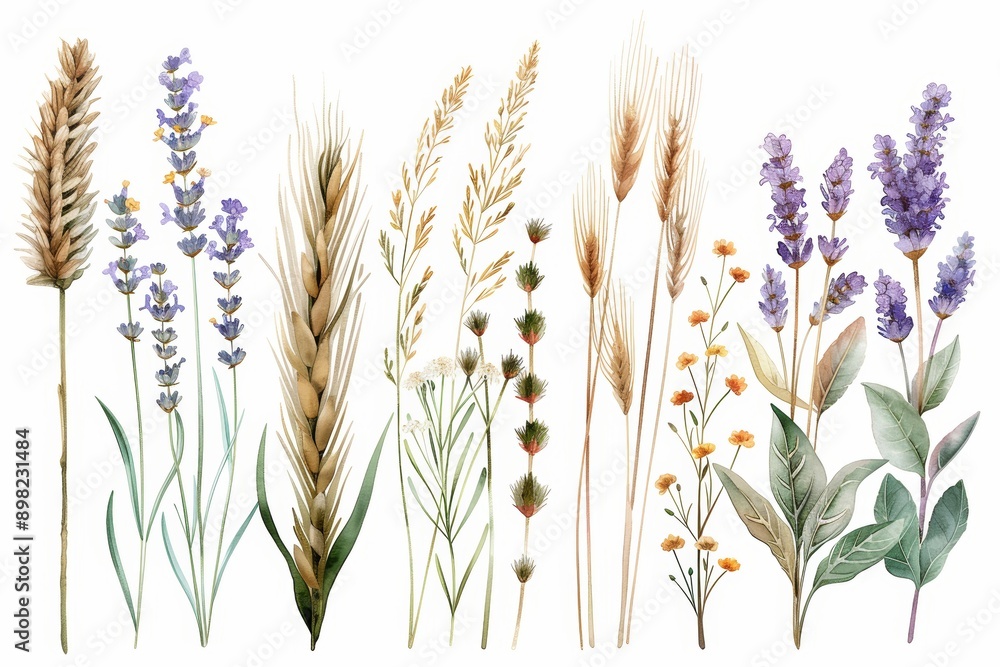 During the summertime, plants grow in fields and forests. Including flowers and cereals. This is a modern vintage botanical illustration. During the summertime, plants grow in fields and forests. Including flowers and cereals. This is a modern vintage botanical illustration.