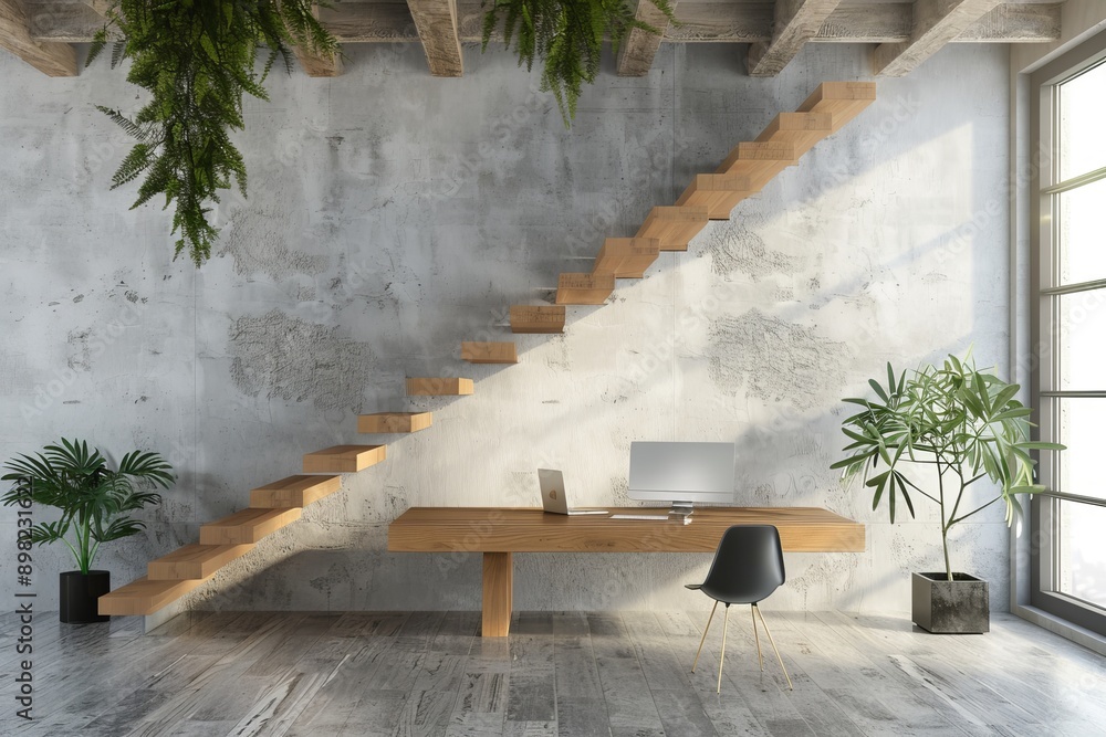 Modern office interior with wooden stairs, computer and plants. Workplace concept. Modern office interior with wooden stairs, computer and plants. Workplace concept.