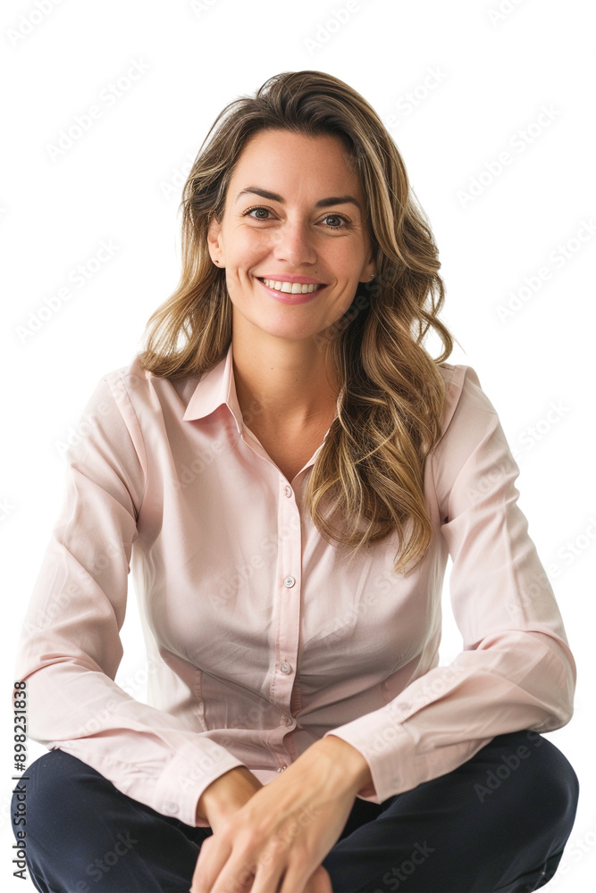 Happy businesswoman sitting with crossed legs alone against transparent background Happy businesswoman sitting with crossed legs alone against transparent background