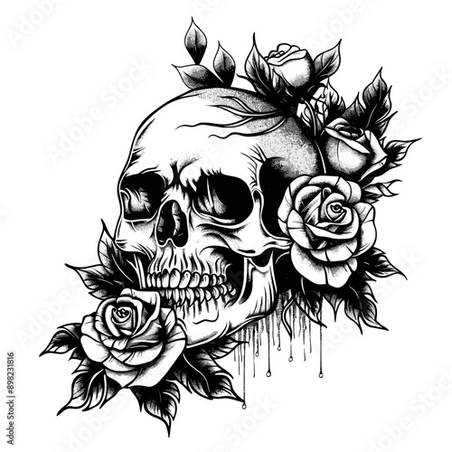 A skull with roses and leaves surrounding it. The image has a dark and eerie mood