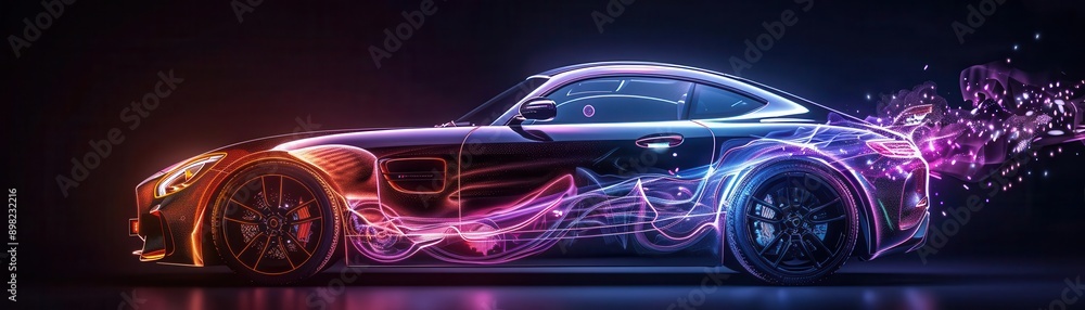 Visualize a conceptual xray image of a roadster with glowing colors to differentiate various materials and parts like carbon fiber and aluminum Visualize a conceptual xray image of a roadster with glowing colors to differentiate various materials and parts like carbon fiber and aluminum