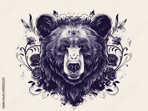 A bear with a rose on its face. The bear is black and white