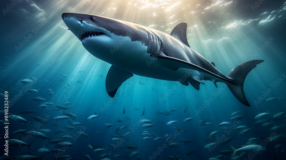 Obraz premium A majestic shark is swimming gracefully in the depths of an ocean, surrounded by shimmering light and fish, creating a breathtaking underwater scene.