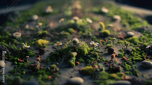 The image is a close-up of some non-vascular land plants, featuring green vegetation like grass, broccoli, and moss in a natural outdoor setting