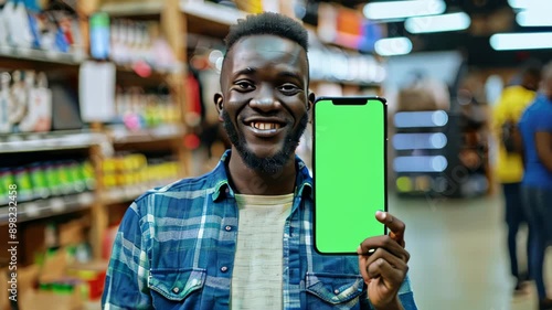 Wallpaper Mural : man holding showing smartphone with green screen in blurred shop, perfect for showcasing apps and mobile technology, vertical phone orientation Torontodigital.ca