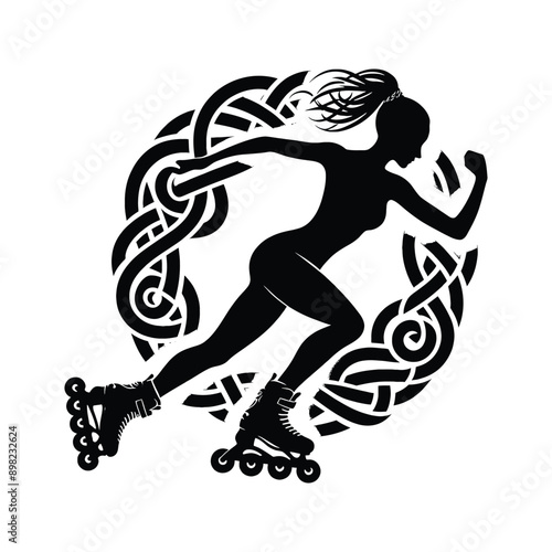Inline Skating  female player in celtic knot pattern illustration, emblem shield badge