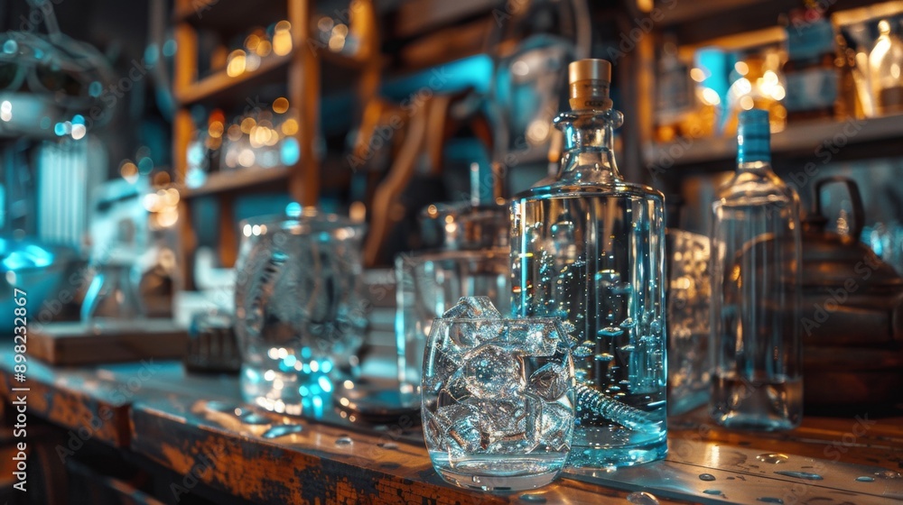Glass of water with ice cubes in a dimly lit bar Glass of water with ice cubes in a dimly lit bar