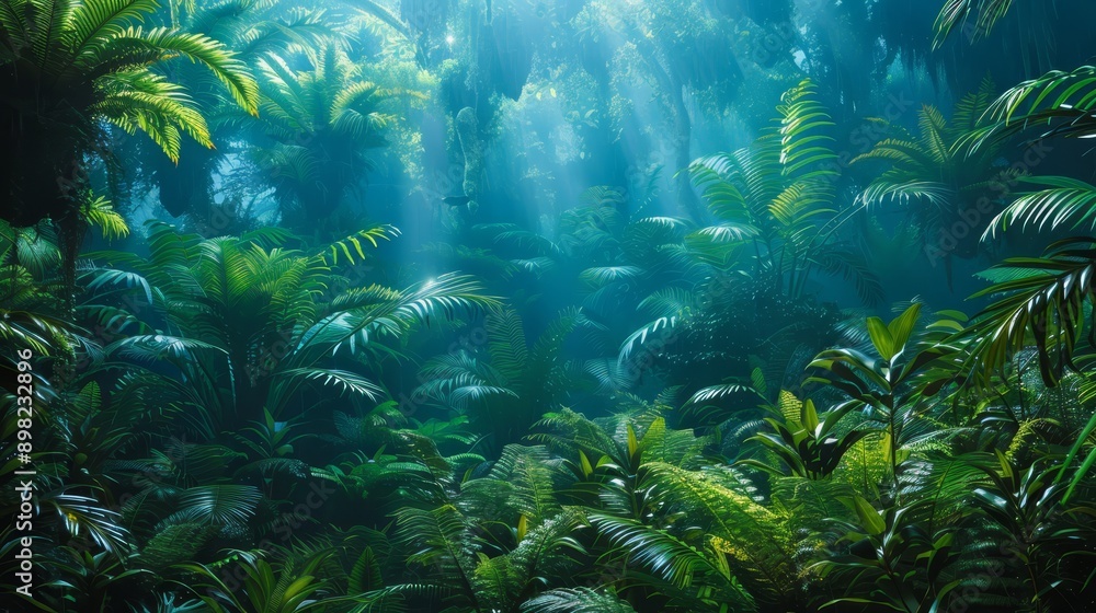 Fototapeta premium A forest teeming with numerous green plants, trees bearing branches bathed in abundant sunlight