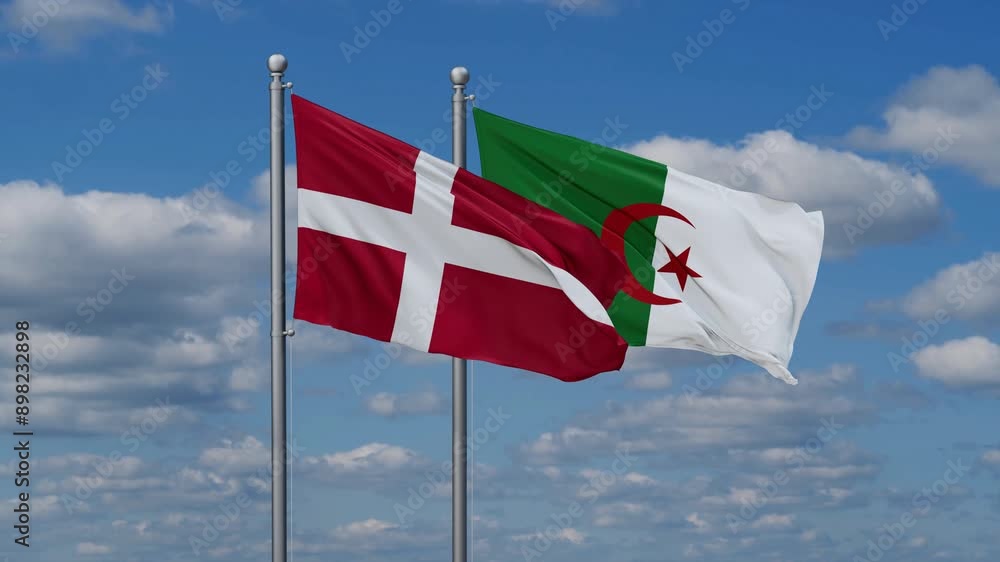 Algeria and Denmark flags flying together, video concept of the relationship, two country relations concept Algeria and Denmark flags flying together, video concept of the relationship, two country relations concept