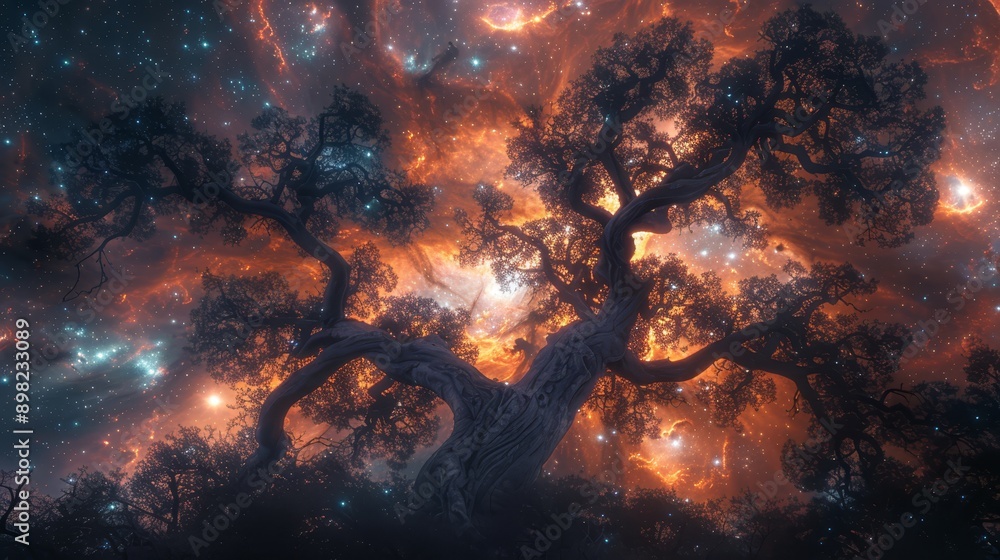 A solitary tree in the night, stars strewn across the velvet sky as its backdrop A solitary tree in the night, stars strewn across the velvet sky as its backdrop