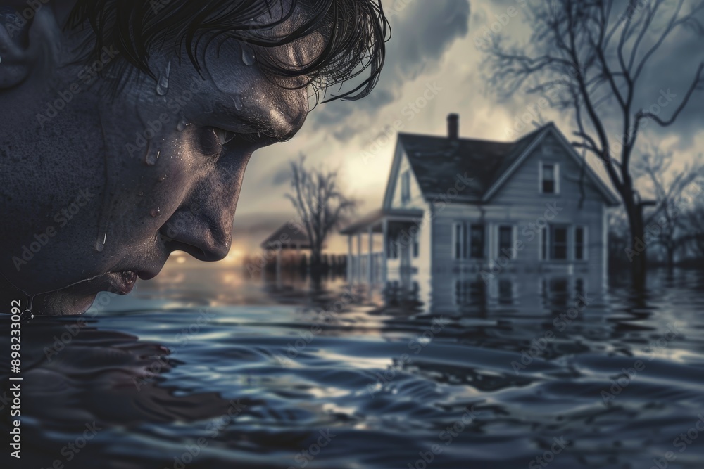 Close-up portrait of a man gazing at his flooded house with despair ...