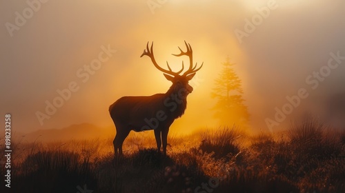  A deer atop a grassy field, adjacent to a towering forest of verdant, tall trees © Viktor