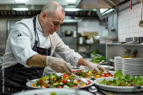 Chef preparing salad in a restaurant kitchen. The image can be used for articles about food, dining, and the hospitality industry.