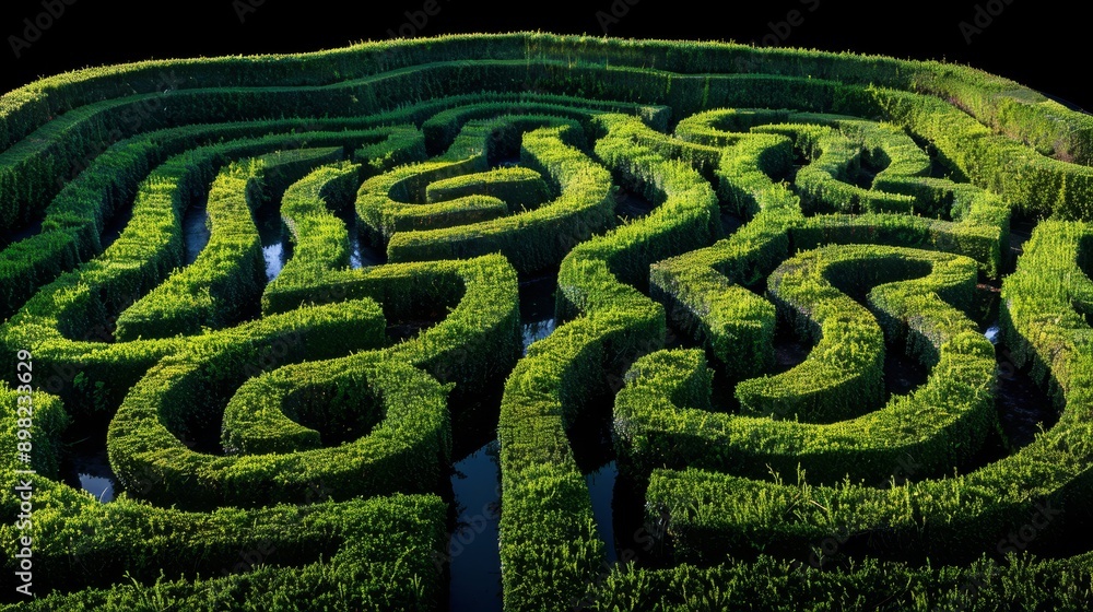 A vast green maze, situated in a field, features a winding river as its center A vast green maze, situated in a field, features a winding river as its center