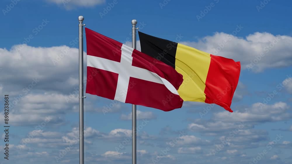 Belgium and Denmark flags flying together, video concept of the relationship, two country relations concept Belgium and Denmark flags flying together, video concept of the relationship, two country relations concept