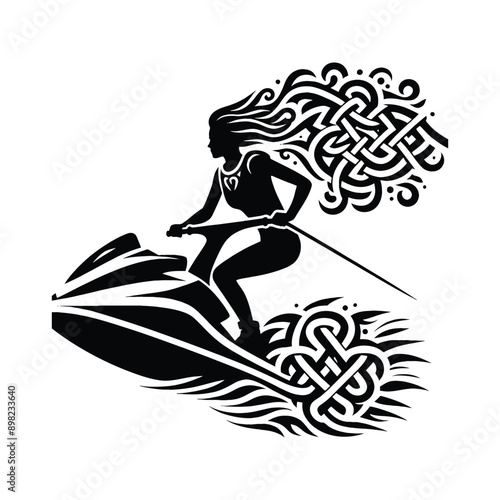Jet Skiing  female player in celtic knot pattern illustration, emblem shield badge