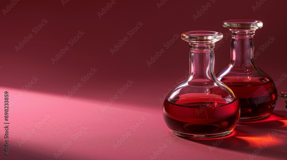 Two glass decanters filled with red liquid on red surface Two glass decanters filled with red liquid on red surface