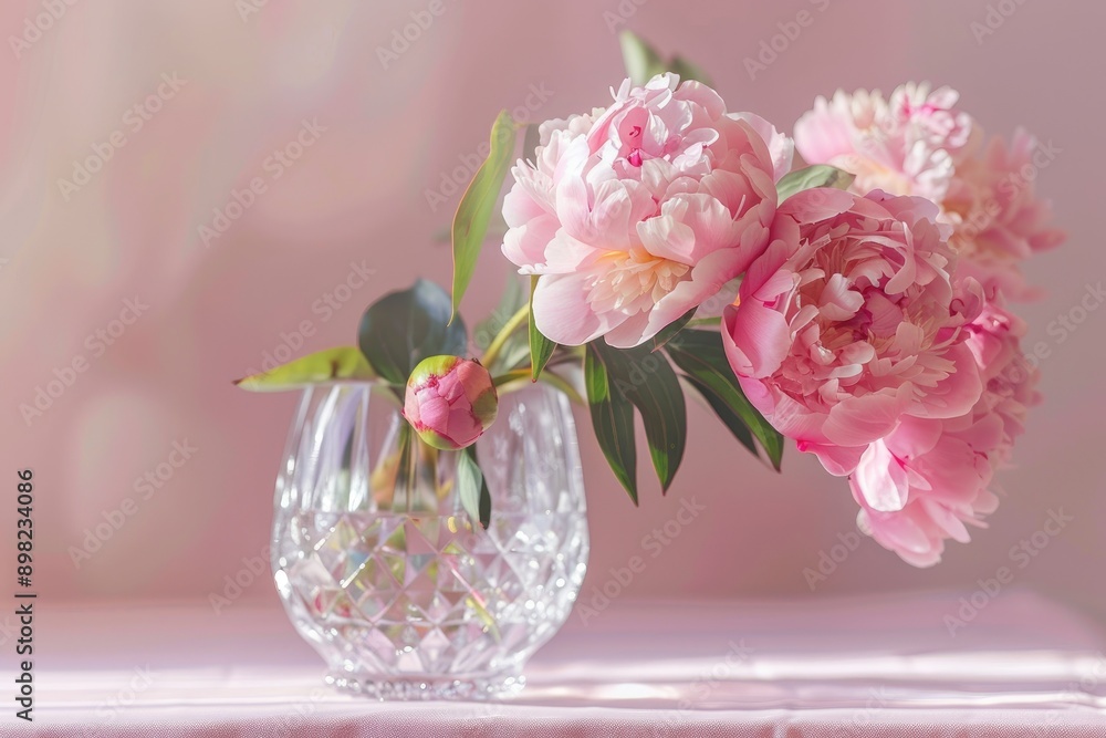 Obraz premium Peony bouquet in a crystal vase, Tabletop vase with pink flowers, AI generated