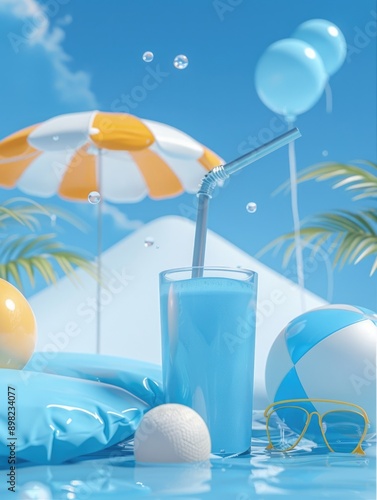 A glass of water, beach ball, and umbrella on a sunny day #898234077