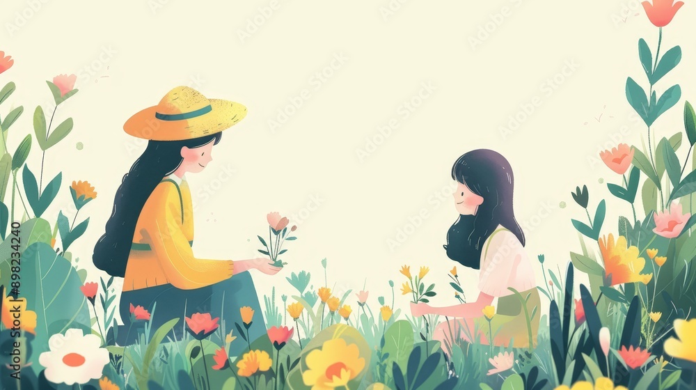Two women stand side by side on a verdant hill covered in an abundance of flowers Two women stand side by side on a verdant hill covered in an abundance of flowers
