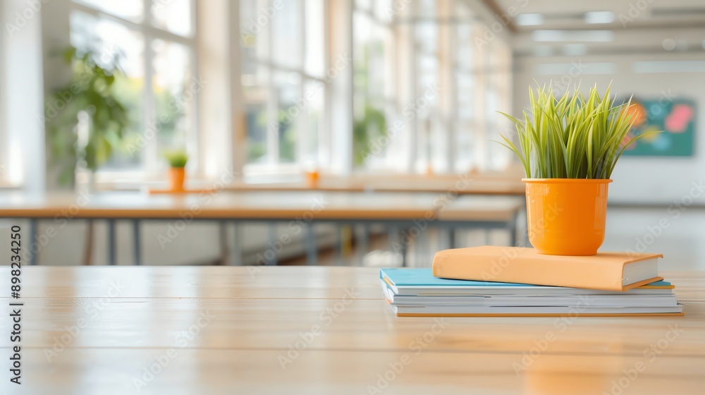 A bright, modern workspace featuring a potted plant and stacked books on a wooden table, perfect for inspiration and productivity. A bright, modern workspace featuring a potted plant and stacked books on a wooden table, perfect for inspiration and productivity.