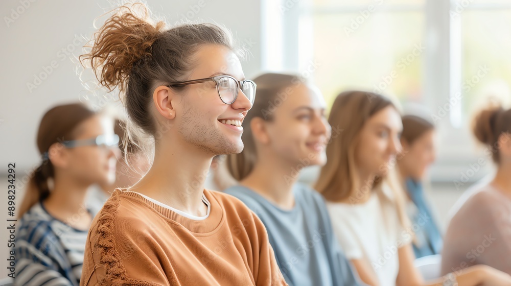 A smiling student in a classroom setting, engaging in a learning environment with peers, showcasing joy and enthusiasm. A smiling student in a classroom setting, engaging in a learning environment with peers, showcasing joy and enthusiasm.