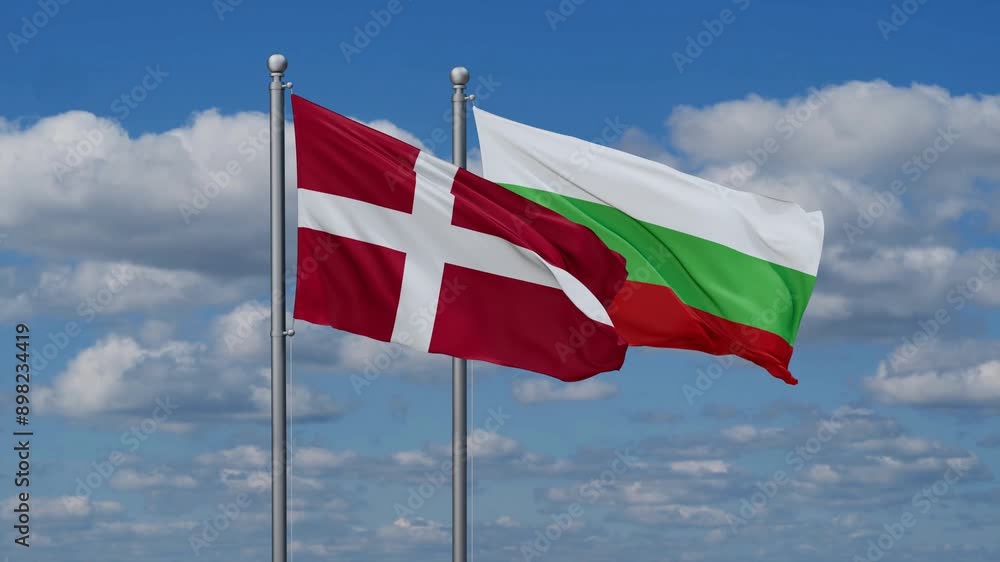 Bulgaria and Denmark flags flying together, video concept of the relationship, two country relations concept Bulgaria and Denmark flags flying together, video concept of the relationship, two country relations concept
