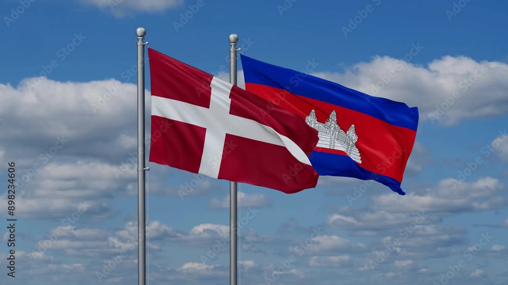 Cambodia and Denmark flags flying together, video concept of the relationship, two country relations concept Cambodia and Denmark flags flying together, video concept of the relationship, two country relations concept