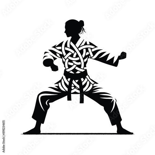 Judo , martial art ,  Karate , Taekwondo  female player in celtic knot pattern illustration, emblem shield badge