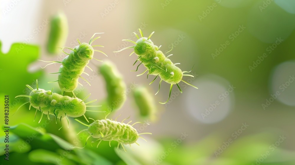 Naklejka premium Close-up view of tiny green insects on leaves, showcasing nature's intricate details and vibrant colors in a fresh ecosystem.
