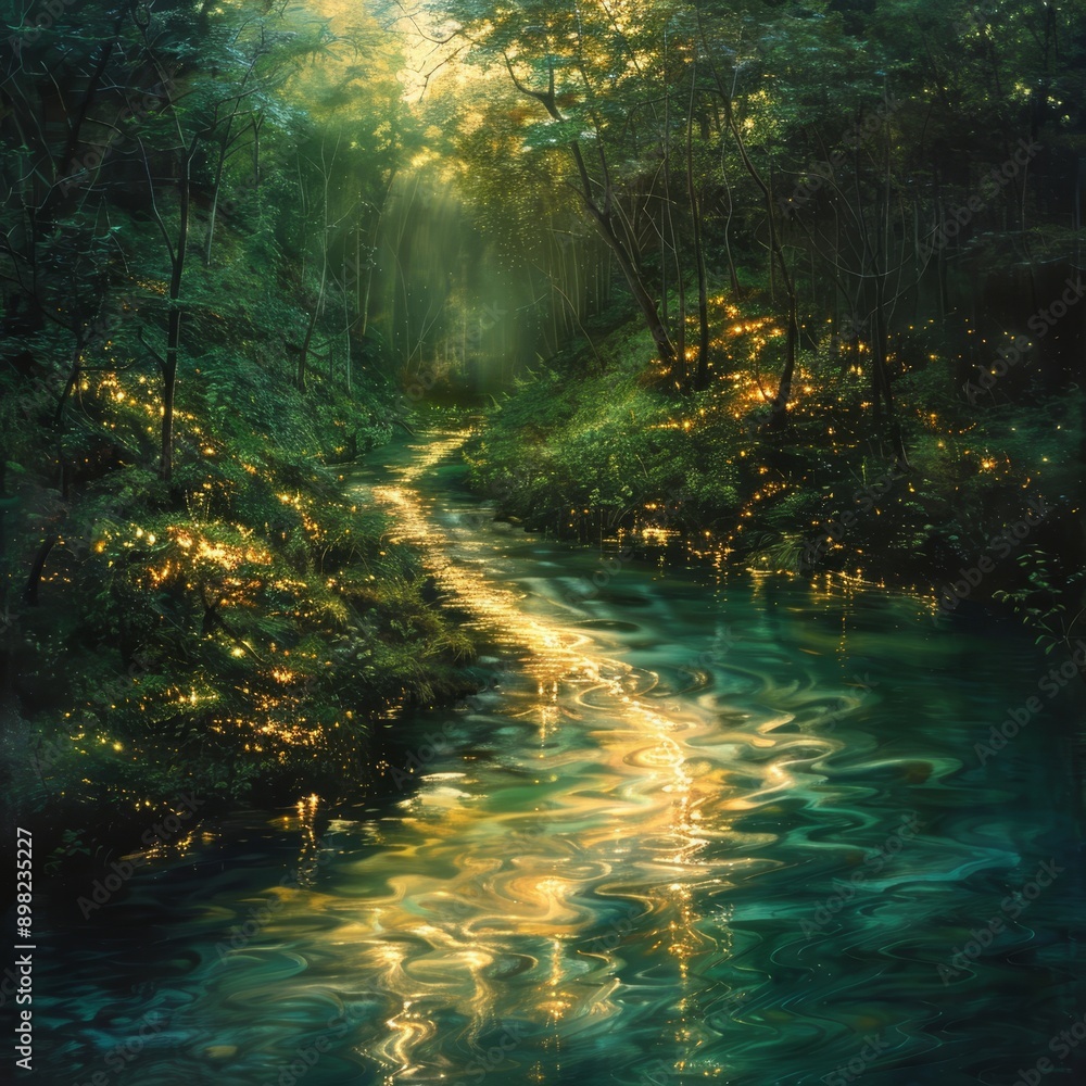 Obraz premium a stream runs through the heart of a forest, flanked by radiant trees on each side