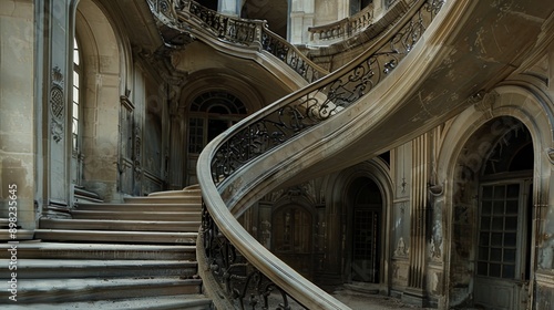 The decaying interior of an abandoned mansion with a winding sta photo