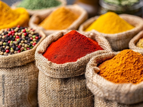Fototapeta Naklejka Na Ścianę i Meble -  assortment of colorful spices in burlap sacks - aromatic culinary ingredients for cooking and food preparation.