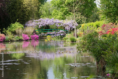 France Giverny Monet's garden spring May, green bridge and beautiful flowers, wisteria, horizontal, landscape