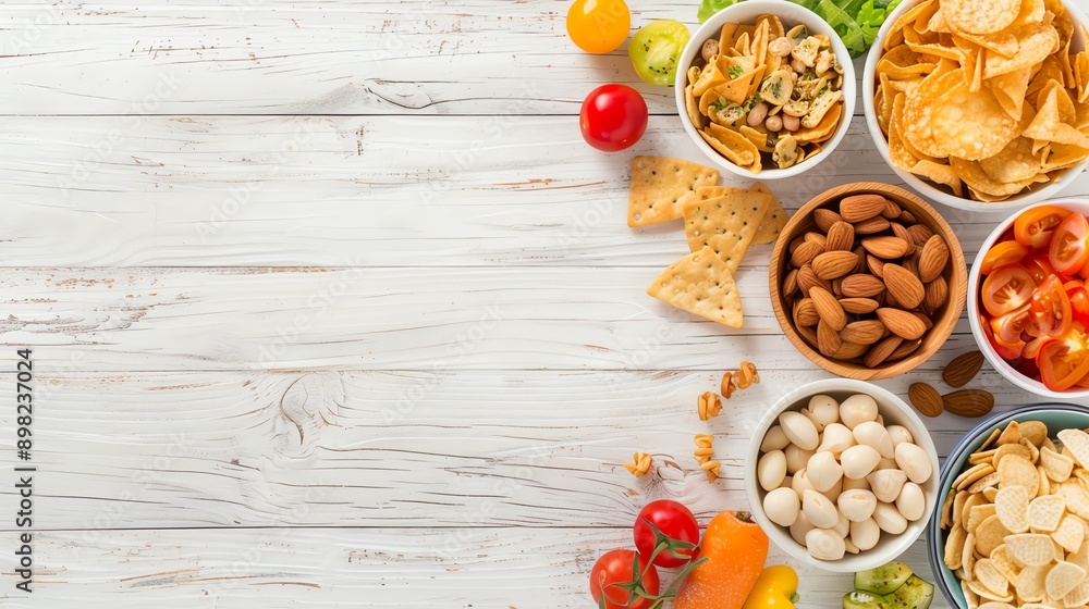 A vibrant assortment of snacks in bowls on a rustic wooden table, perfect for gatherings or delightful snacking moments. A vibrant assortment of snacks in bowls on a rustic wooden table, perfect for gatherings or delightful snacking moments.
